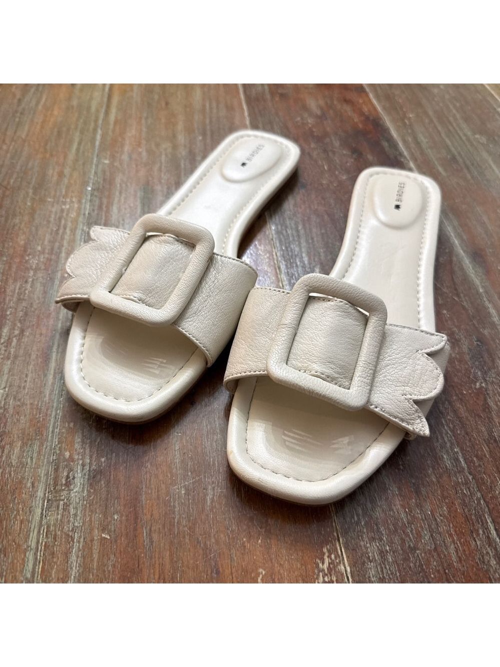 Birdies Kiwi Beige Bone Buckle Flat Slide Sandals Womens 10